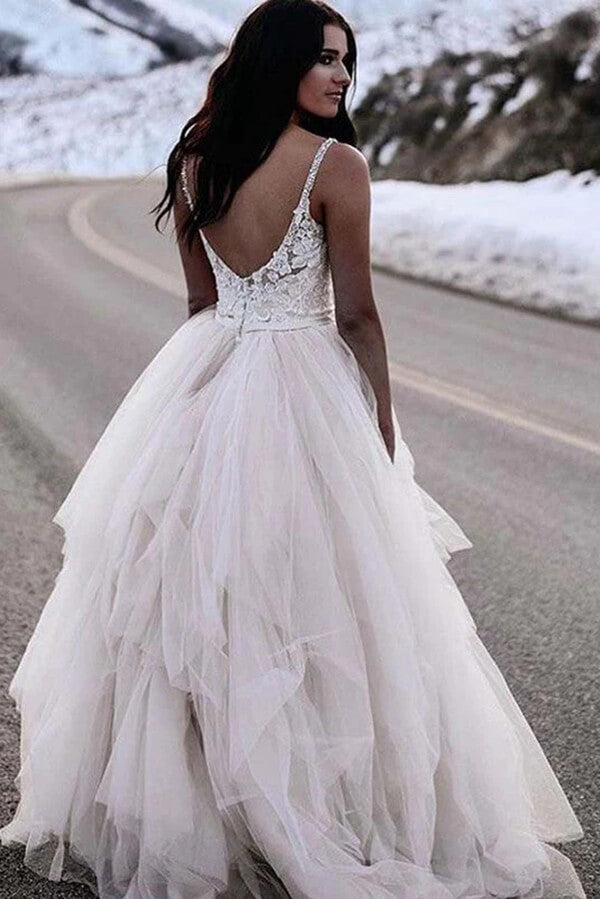 Ivory Tulle A Line V Neck Princess Sleeveless Floor Length Wedding Dresses, PW281 | tulle wedding dresses | beach wedding dress | lace wedding dress | promnova.com