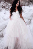 Ivory Tulle A Line V Neck Princess Sleeveless Floor Length Wedding Dresses, PW281