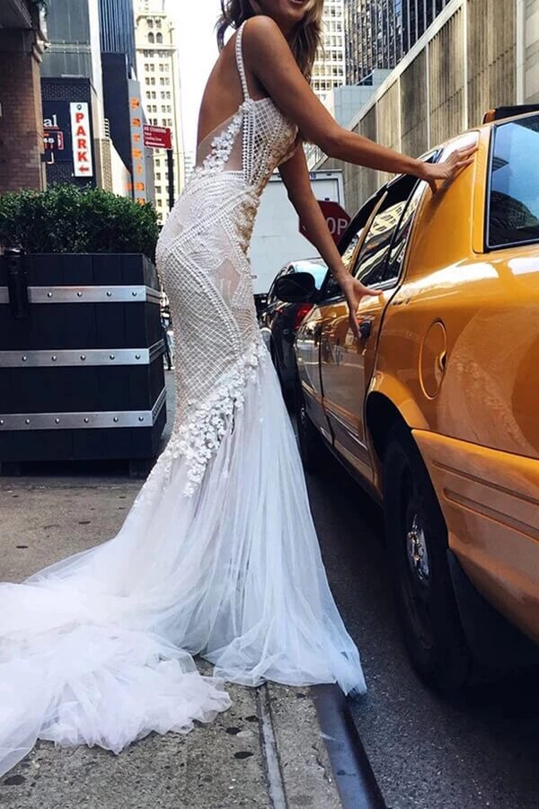 Ivory Tulle Mermaid V Neck Open Back Lace Wedding Dresses With Train, PW291 | vintage wedding dresses | beach wedding dresses | promnova.com