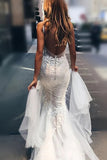 Ivory Tulle Mermaid V Neck Open Back Lace Wedding Dresses With Train, PW291 | bohemain wedding dresses | plus size wedding dresses | wedding dresses online | promnova.com