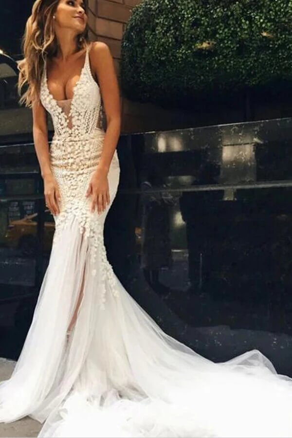 Ivory Tulle Mermaid Open Back Lace Wedding Dresses PW291 | Promnova US16W / Custom Color Ivory Tulle Mermaid Open Back Lace Wedding Dresses PW291 | Promnova US16W / Custom Color