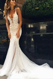 Ivory Tulle Mermaid V Neck Open Back Lace Wedding Dresses With Train, PW291