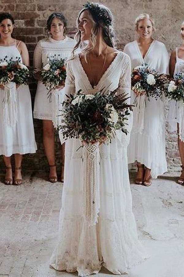 Lace A Line V Neck Long Sleeves Boho Wedding Dresses PW298 | Promnova Lace A Line V Neck Long Sleeves Boho Wedding Dresses PW298 | Promnova