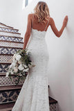 Lace Mermaid V Neck Spaghetti Straps Wedding Dresses With Sweep Train, PW318 | mermaid wedding dresses | vintage wedding dresses | bohemian wedding dresses | promnova.com
