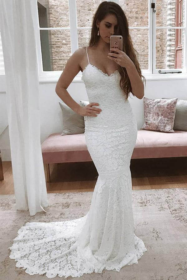 Lace Mermaid V Neck Spaghetti Straps Wedding Dresses With Sweep Train, PW318 | lace wedding dresses | cheap wedding dresses | bridal gowns | promnova.com