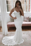 Lace Mermaid V Neck Spaghetti Straps Wedding Dresses With Sweep Train, PW318