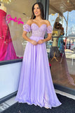 Lavender A Line Chiffon Sweetheart Lace Appliques Long Prom Dresses, PL545