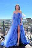 Lavender Organza A Line Princess Puff Sleeves Pleated Prom Dresses, PL557