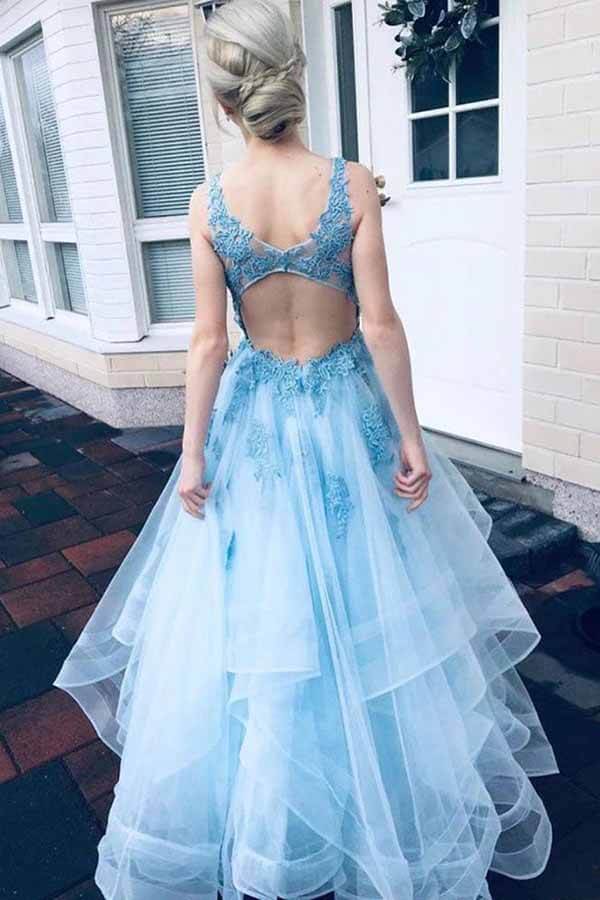 Light Blue A Line Long Prom Dress With Lace Appliques PL444 | Promnova Light Blue A Line Long Prom Dress With Lace Appliques PL444 | Promnova