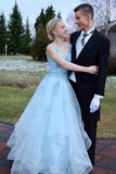 Light Blue A Line Open Back Long Prom Dresses With Lace Appliques, PL444 | evening dresses | party dresses | lace prom dresses | promnova.com