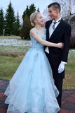 Light Blue A Line Open Back Long Prom Dresses With Lace Appliques, PL444