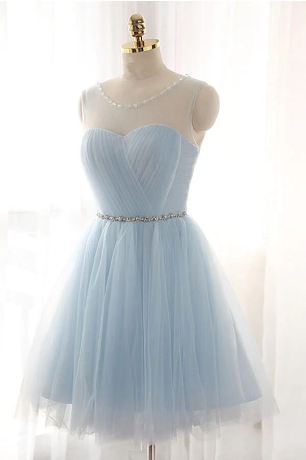 Cute Beaded Light Blue Tulle Short Prom Dress Homecoming Dress