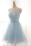 Light Blue A Line Tulle Beaded Homecoming Dresses, Short Prom Dresses, PH363