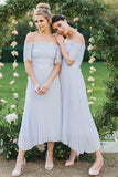 Light Blue Chiffon A Line Off-the-Shoulder Pleated Lace Bridesmaid Dresses, PB138