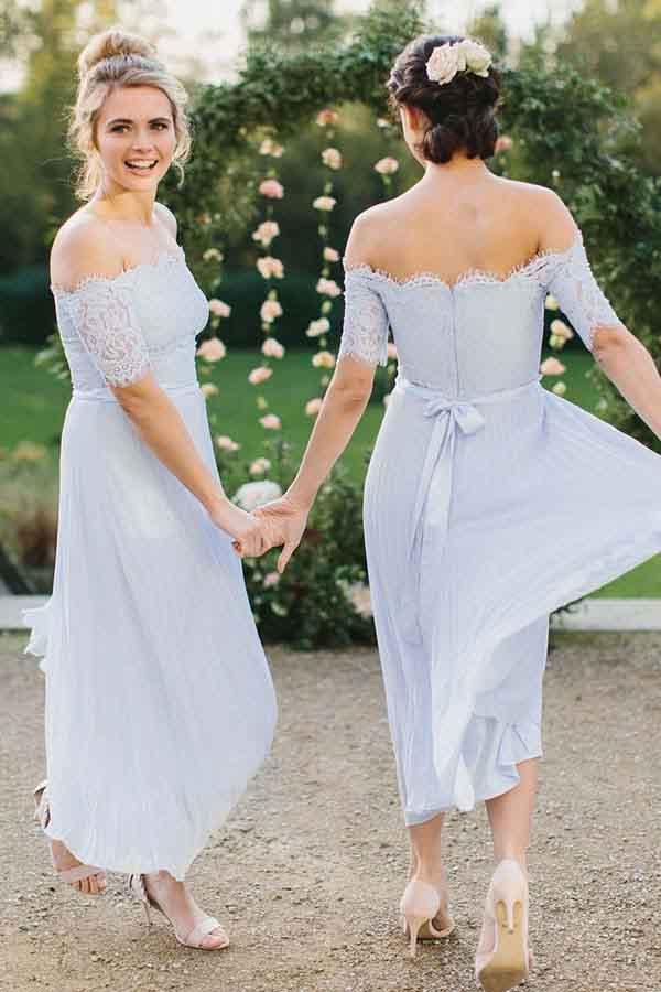 Light Blue Chiffon A Line Off-the-Shoulder Pleated Lace Bridesmaid Dresses, PB138 | short bridesmaid dresses | cheap bridesmaid dresses | wedding party dresses | promnova.com