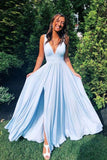 Light Blue Chiffon Deep V Neck Long Prom Dresses, Evening Dresses PL405
