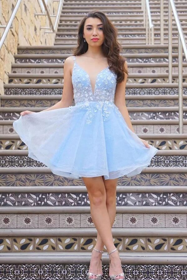 Light Blue Floral Lace A Line Cheap Homecoming Dress PH385 Promnova