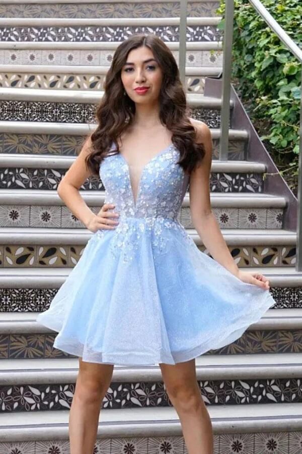 Evening Gown Baby Blue Blue Lace Spaghetti Strap Dress Short