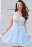 Light Blue Floral Lace A Line Cheap Homecoming Dresses, Short Prom Dress, PH385