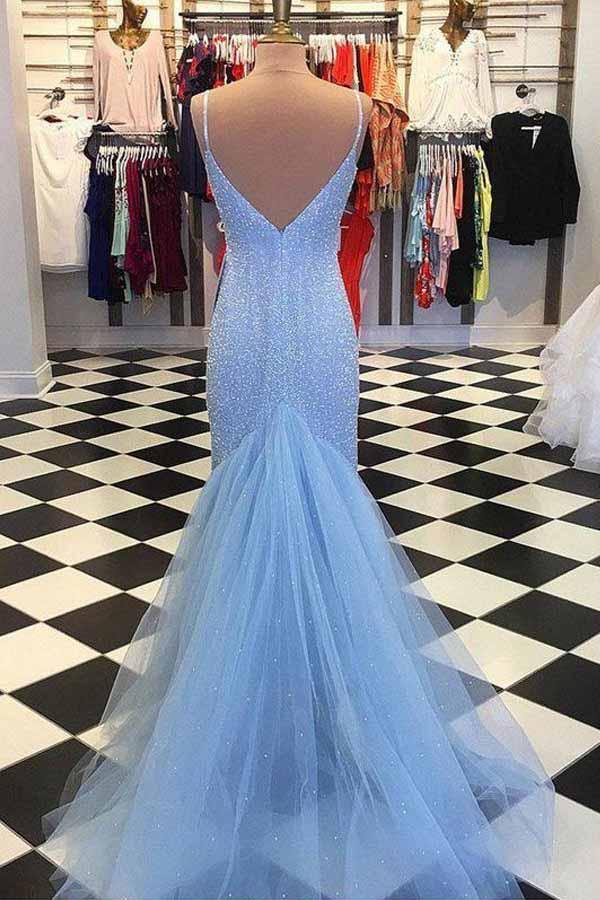 Straps Light Blue Mermaid Prom Dresses Beaded Backless Formal Dresses US12 / Custom Color Straps Light Blue Mermaid Prom Dresses Beaded Backless Formal Dresses US12 / Custom Color