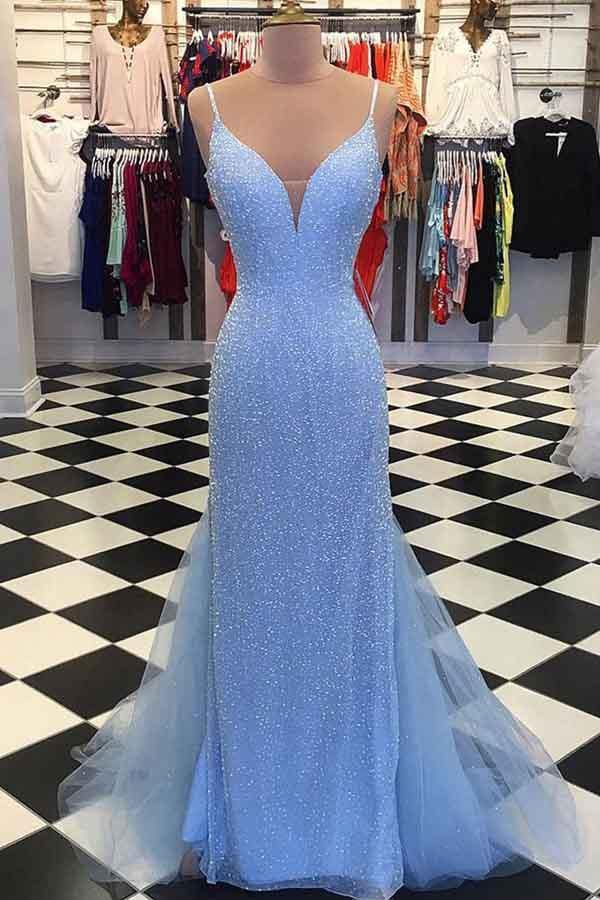 Sparkly Light Blue Mermaid Backless Prom Dresses, Long Formal Dresses, PL481 | beaded prom dresses | mermaid prom dresses | blue prom dresses | promnova.com