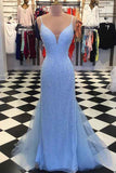 Sparkly Light Blue Mermaid Backless Prom Dresses, Long Formal Dresses, PL481