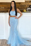Light Blue Mermaid Two Piece Scoop Lace Prom Dresses, Evening Gowns, PL433