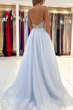 Light Blue Tulle A Line V Neck Spaghetti Straps Beaded Prom Dresses, PL493 | tulle prom dresses | cheap long prom dress | evening gown | promnova.com