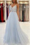 Light Blue Tulle A Line V Neck Spaghetti Straps Beaded Prom Dresses, PL493