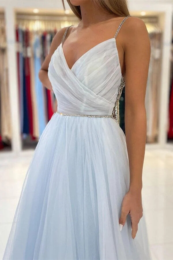 Light Blue Tulle A Line V Neck Spaghetti Straps Beaded Prom Dresses, PL493 | beaded prom dresses | long formal dresses | party dresses | promnova.com