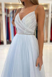 Light Blue Tulle A Line V Neck Spaghetti Straps Beaded Prom Dresses, PL493 | beaded prom dresses | long formal dresses | party dresses | promnova.com