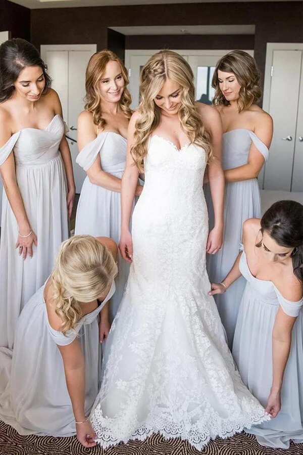 Light Gray Chiffon Off Shoulder Bridesmaid Dress PB164 | promnova.com US2 / Custom Color Light Gray Chiffon Off Shoulder Bridesmaid Dress PB164 | promnova.com US2 / Custom Color