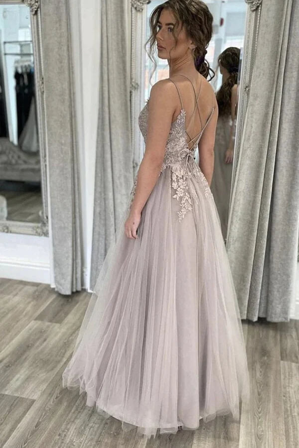 Light Grey A Line Tulle Lace Appliques Prom Dresses PL508 | Promnova Light Grey A Line Tulle Lace Appliques Prom Dresses PL508 | Promnova
