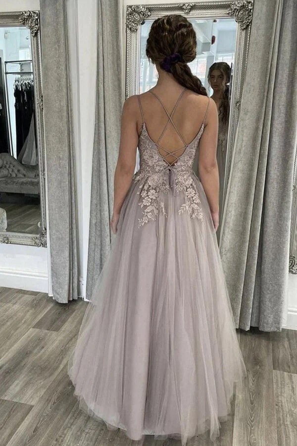 Light Grey A Line Tulle Lace Appliques Prom Dresses PL508 | Promnova Light Grey A Line Tulle Lace Appliques Prom Dresses PL508 | Promnova