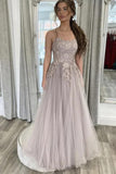 Light Grey A Line Tulle Lace Appliques Prom Dresses, Long Formal Dresses, PL508