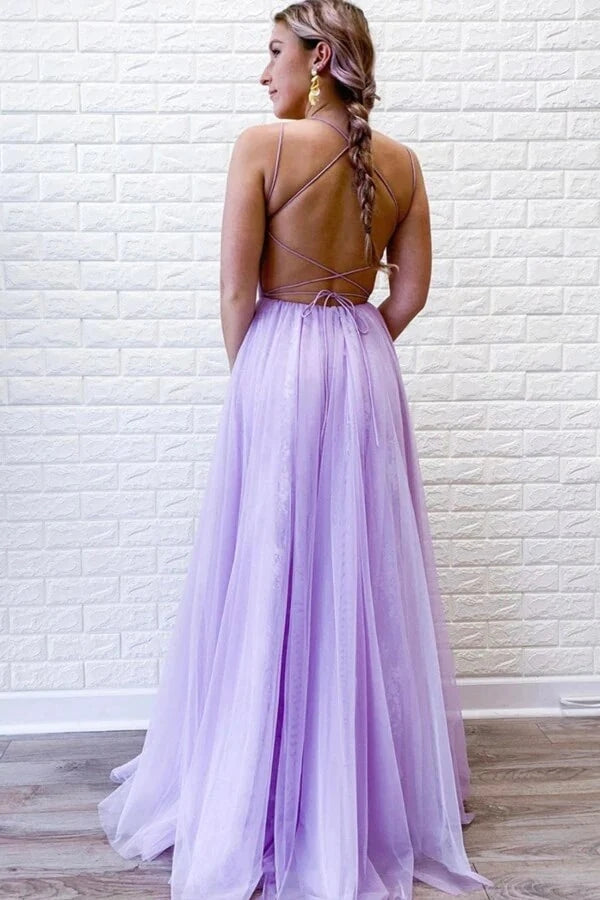 Light Purple A Line Spaghetti Straps Lace Prom Dresses With Slit, Formal Dress, PL428 | tulle prom dresses | long prom dresses online | evening gown | promnova.com