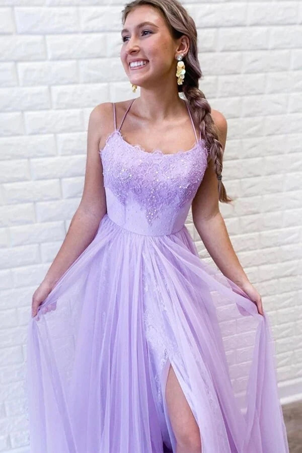 Light Purple A Line Spaghetti Straps Lace Prom Dresses With Slit, Formal Dress, PL428 | tulle lace prom dress | prom dresses online | prom dresses stores | promnova.com