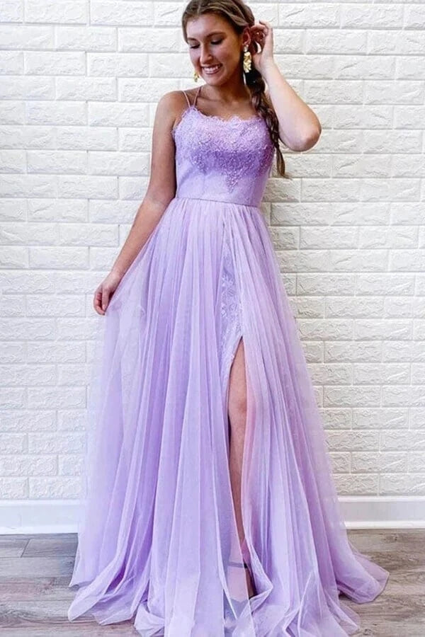 Light Purple A Line Spaghetti Straps Lace Prom Dresses With Slit, Formal Dress, PL428 | evening dresses | cheap prom dress | party dresses | promnova.com
