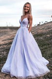 Light Purple Tulle A Line V Neck Long Prom Dresses, EveningDresses, PL488