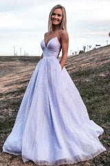 Light Purple Tulle A Line V Neck Long Prom Dresses PL488