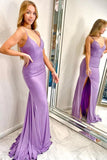 Lilac Mermaid V Neck Spaghetti Straps Long Prom Dresses With Side Slit, PL457