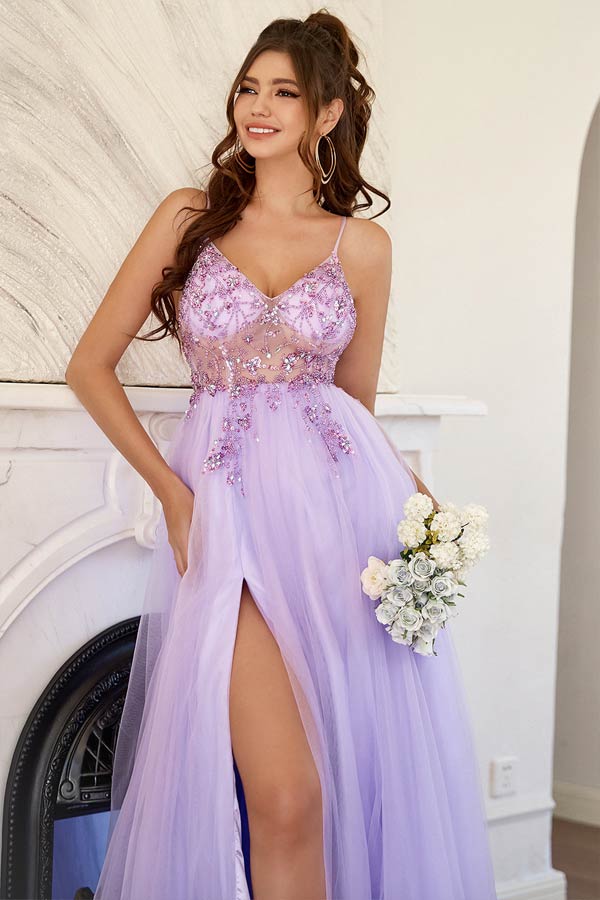 Lilac Tulle A Line V Neck Beaded Long Prom Dresses PL472 | Promnova Custom Size / Custom Color Lilac Tulle A Line V Neck Beaded Long Prom Dresses PL472 | Promnova Custom Size / Custom Color