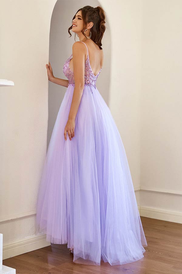 Lilac Tulle A Line V Neck Beaded Long Prom Dresses PL472 | Promnova Custom Size / Custom Color Lilac Tulle A Line V Neck Beaded Long Prom Dresses PL472 | Promnova Custom Size / Custom Color