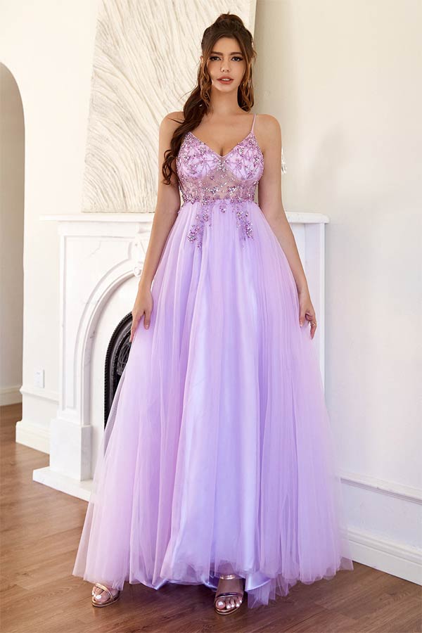 Lilac Tulle A Line V Neck Beaded Long Prom Dresses PL472