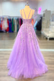 Lilac Tulle A Line V Neck Lace Appliques Prom Dresses, Long Formal Dress, PL498 | a line prom dresses | evening gown | party dresses | promnova.com