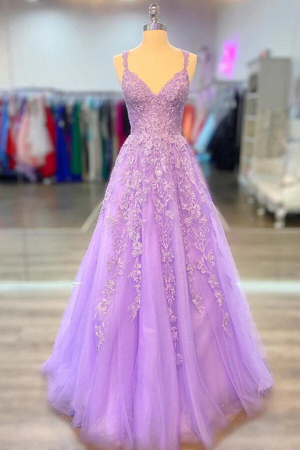 Lilac Tulle A Line V Neck Lace Appliques Prom Dresses PL498