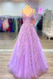 Lilac Tulle A Line V Neck Lace Appliques Prom Dresses, Long Formal Dress, PL498