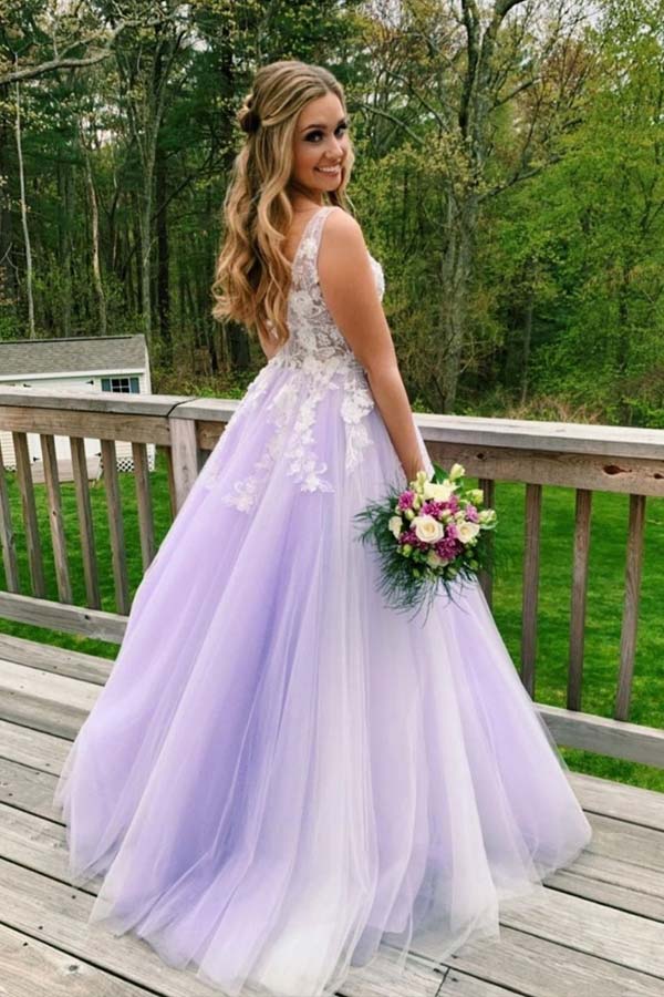 Lilac Tulle A Line V Neck White Lace Appliques Long Prom Dresses, PL469