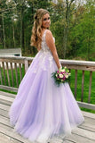 Lilac Tulle A Line V Neck White Lace Appliques Long Prom Dresses, PL469 | purple prom dresses | lace prom dresses | a line prom dress | promnova.com