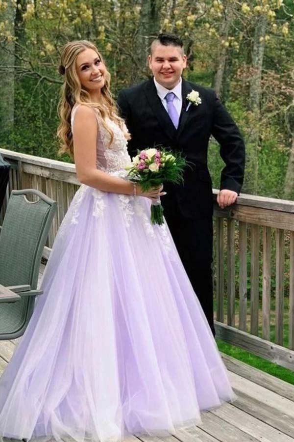 Purple Tulle A Line V Neck Lace Appliques Prom Dress PL503